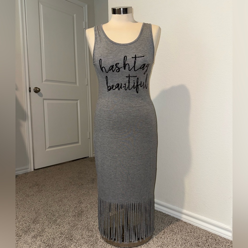 Gray Maxi Dress w/ Fringe Detail